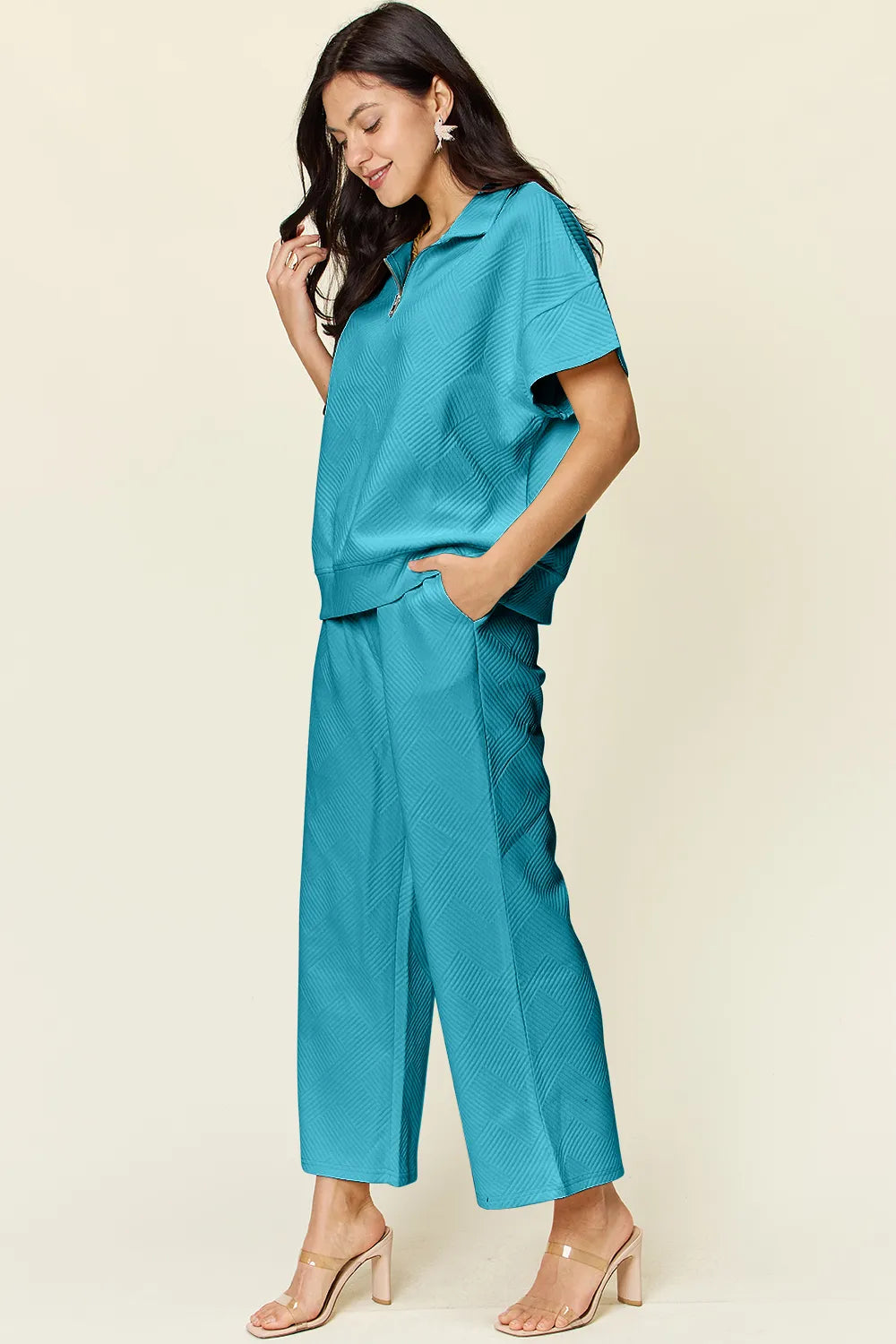 Double Take Full Size Texture Half Zip Short Sleeve Top and Pants Set - kinko