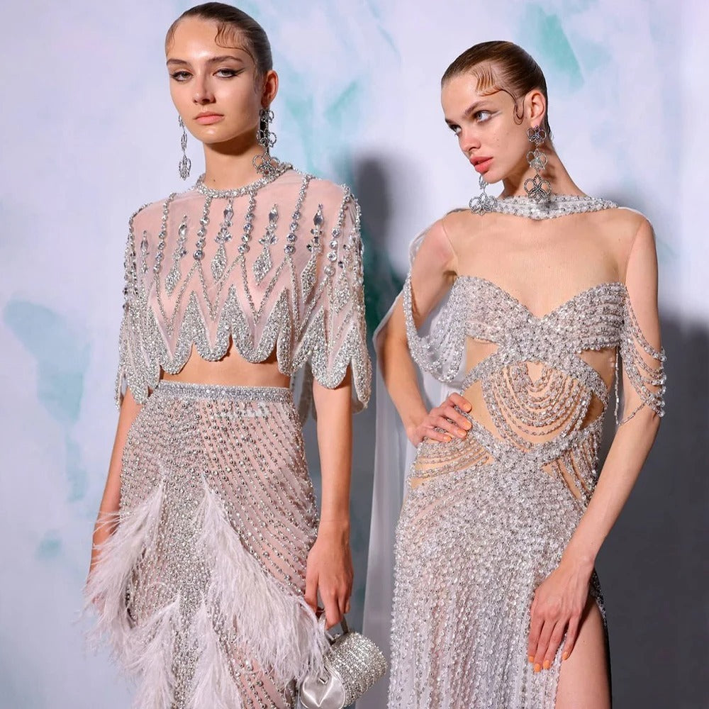 European And American Silver Nude Slim-fit Feather Shawl Host Performance Ladies' Evening Dress - kinko