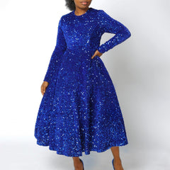 Women's Round Neck Long Sleeve Pure Color Sequins Mid-length Formal Dress - kinko