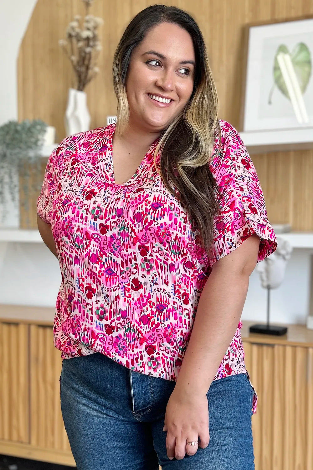Double Take Full Size Printed V-Neck Short Sleeve Blouse - kinko