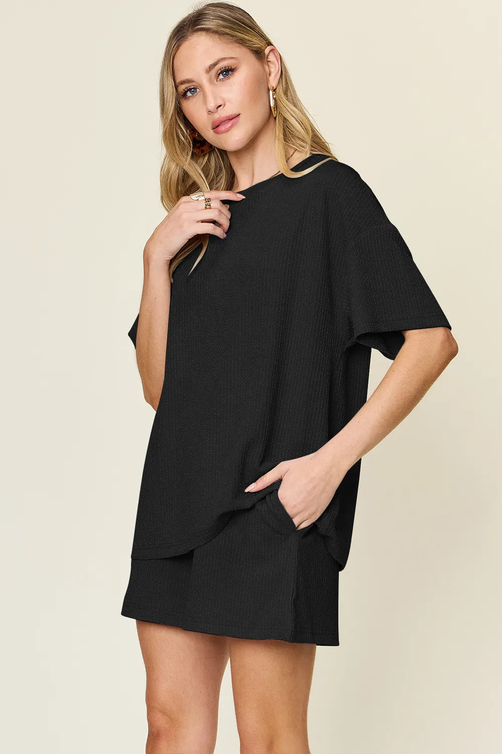Double Take Basic style Round Neck Solid Set - kinko