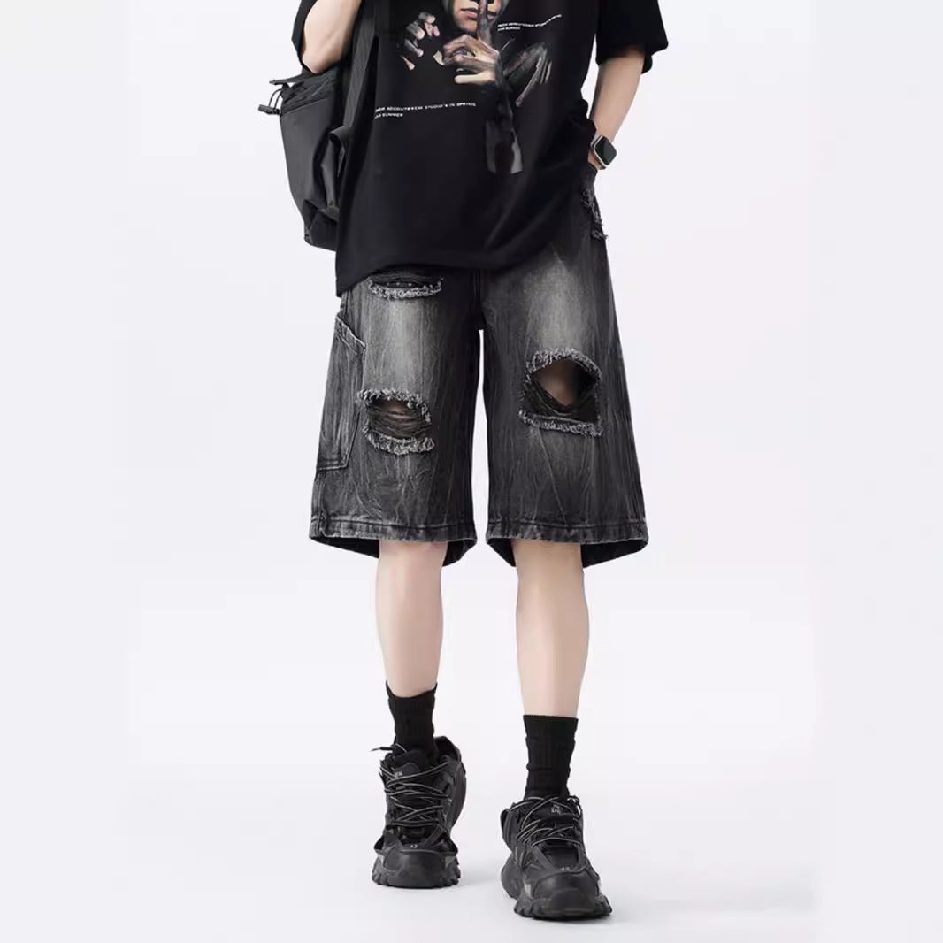 Washed Old Beautiful Ripped Denim Shorts - kinko