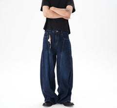 Washed Distressed Dark Blue Wide Leg Machete Jeans - kinko