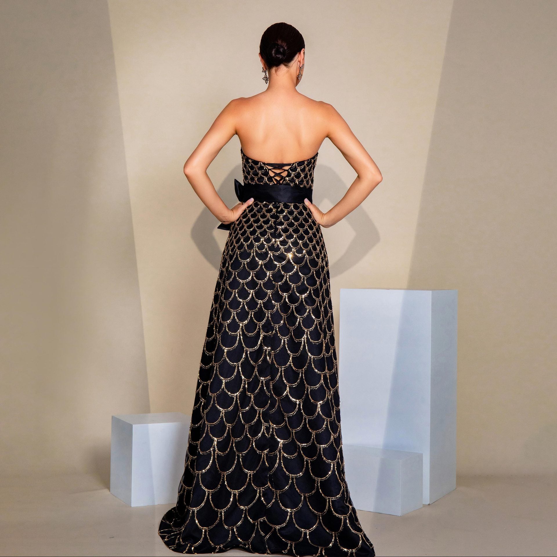 Off-neck Wrapped Chest Nipped-waist Large Swing Sequined Evening Dress - kinko