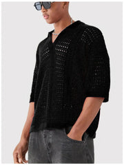 Hollow Mesh Texture Knitted Short-sleeved Polo Shirt - kinko