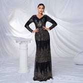 Long Sleeve V-neck Sexy Slim-fit Long Sequined Banquet Evening Dress - kinko