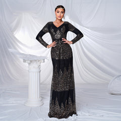 Long Sleeve V-neck Sexy Slim-fit Long Sequined Banquet Evening Dress - kinko