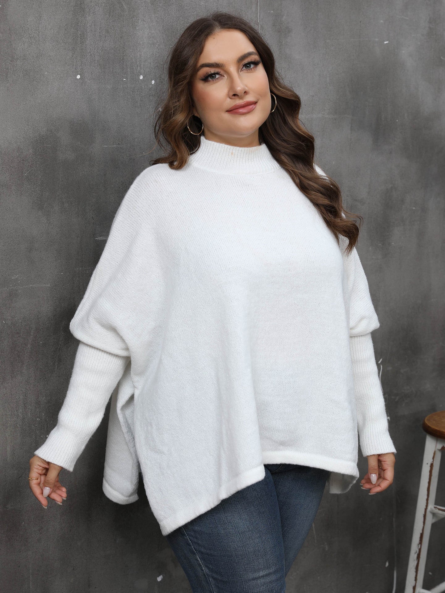 Women's Pullover Plus Size Loose Split Batwing Sleeve Half Collar Top - kinko