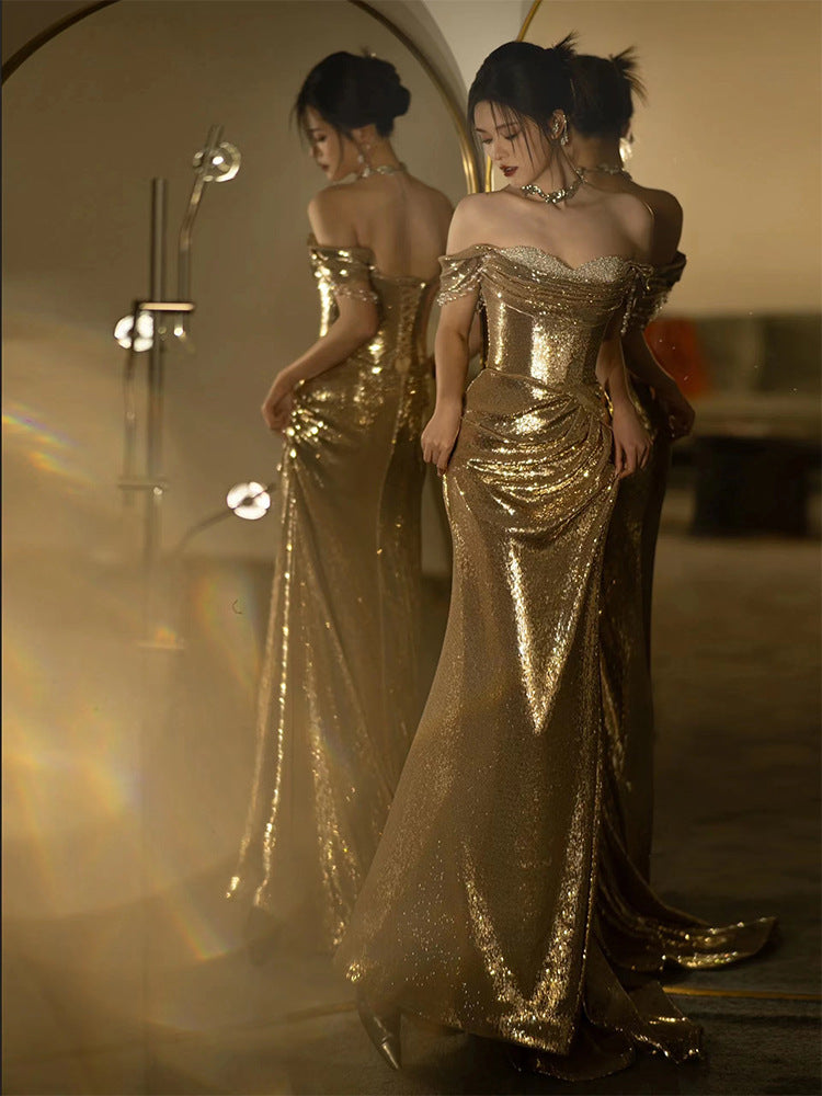 Gold Evening Dress Women's High-grade Sequined Off-shoulder Tube Top Toast Dress Bridal Fishtail Dress - kinko