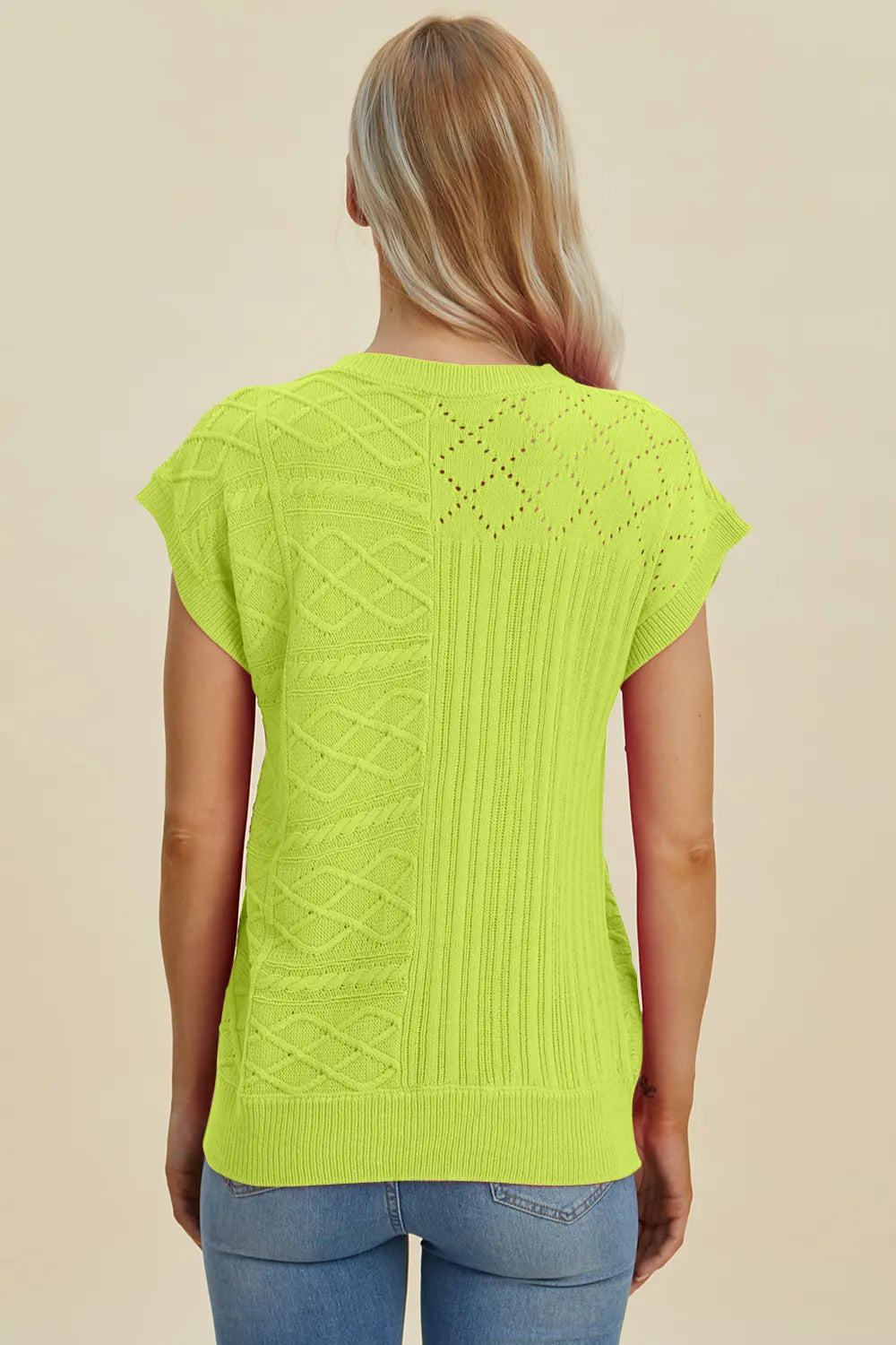 Double Take Full Size Cable-Knit Round Neck Cap Sleeve Sweater - kinko