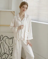 Pajamas Women Spring Autumn Long Sleeve Retro Yellow Lily Tribute Satin Printed Homewear Pajamas Women