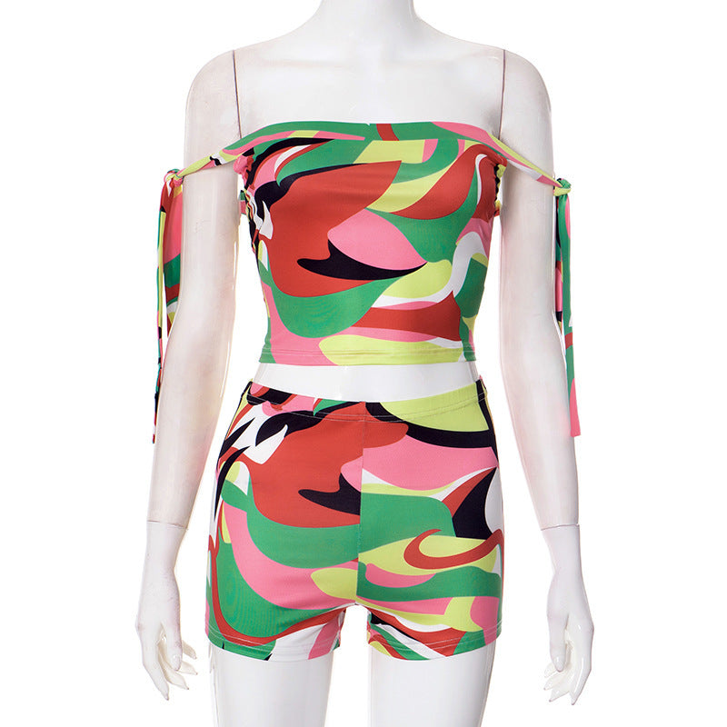 Color Floral-print Off-shoulder Tied Top Tight Shorts Two-piece Suit - kinko