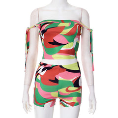 Color Floral-print Off-shoulder Tied Top Tight Shorts Two-piece Suit - kinko