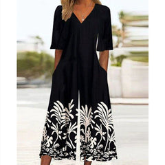 Spring And Summer Print Women's Pocket Collar Jumpsuit - kinko