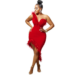 V-neck Sleeveless Chest Feather Irregular Midi Dress - kinko