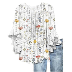 Printed Casual Trend V-neck Flounce Sleeve T-shirt - kinko