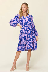 Double Take Full Size Printed Ruffle Hem Dress with Pocket - kinko