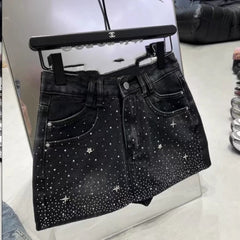 Retro Rhinestone Bright Star River Slim-fit Slimming Denim Skirt - kinko