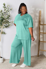 Double Take Full Size Round Neck Slit Top and Pants Set - kinko