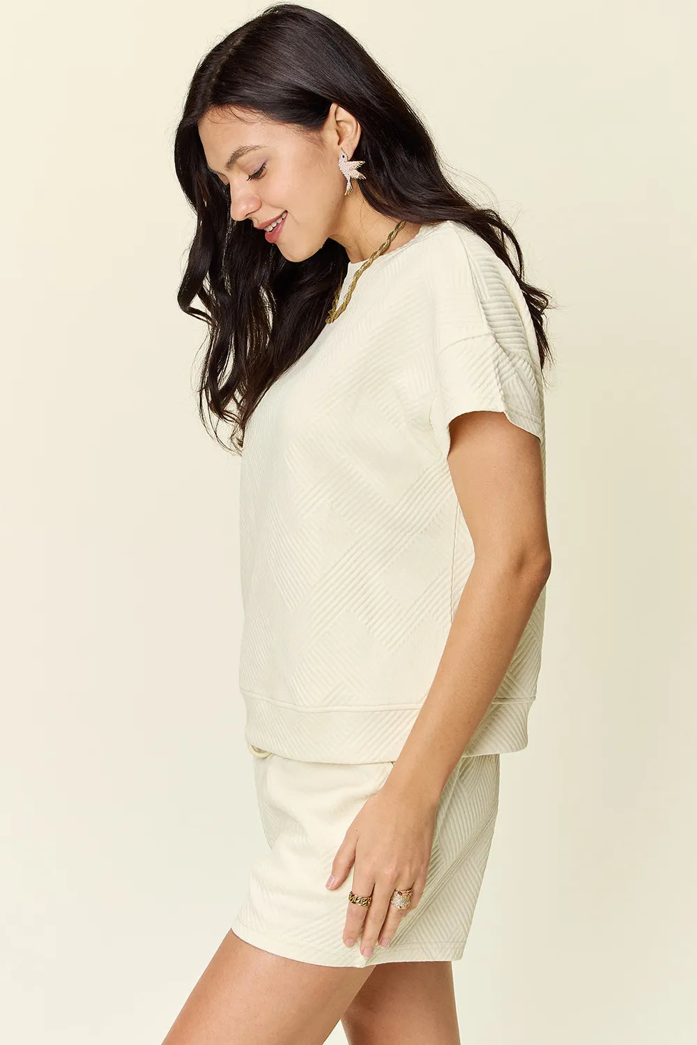 Double Take Full Size Texture Short Sleeve T-Shirt and Drawstring Shorts Set - kinko