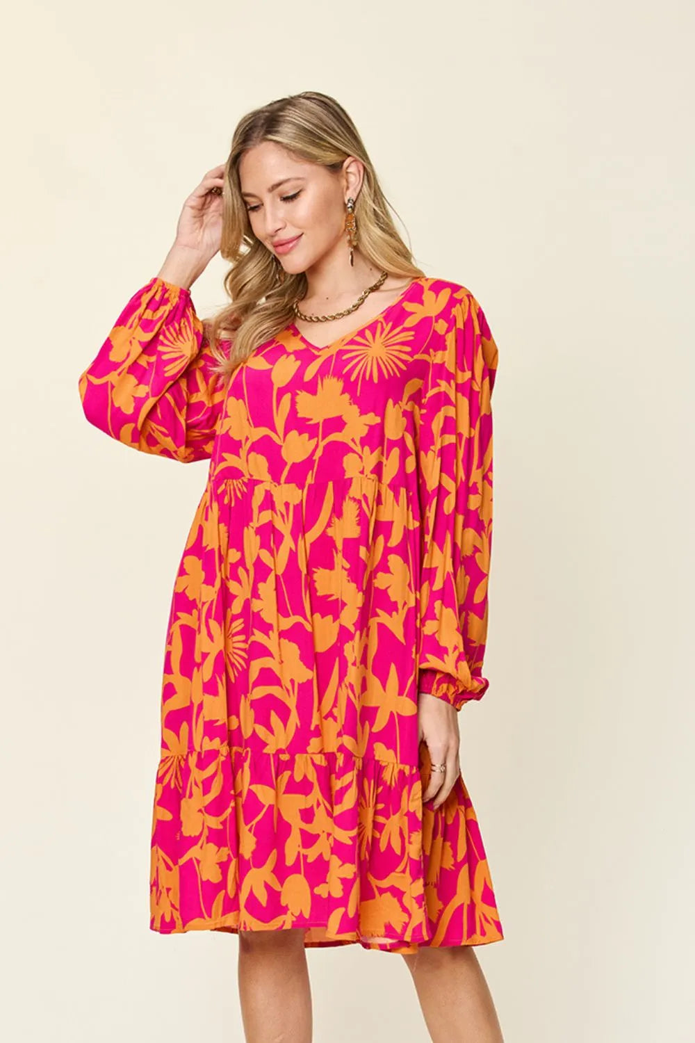 Double Take Full Size Printed Ruffle Hem Dress with Pocket - kinko