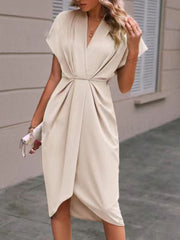 Summer Batwing Sleeve Dress Fashion V-neck Short Sleeve Pleated Dresses Womens Clothing - kinko