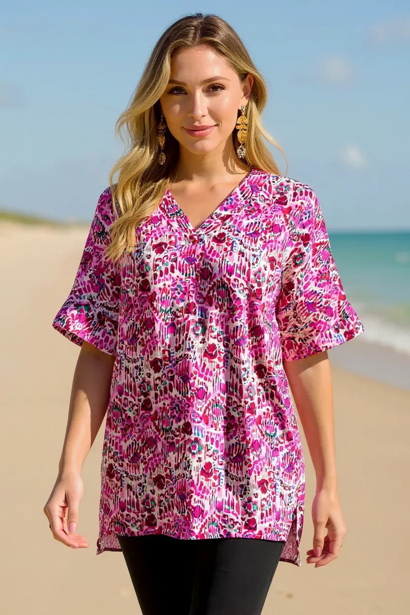 Double Take Full Size Printed V-Neck Short Sleeve Blouse - kinko