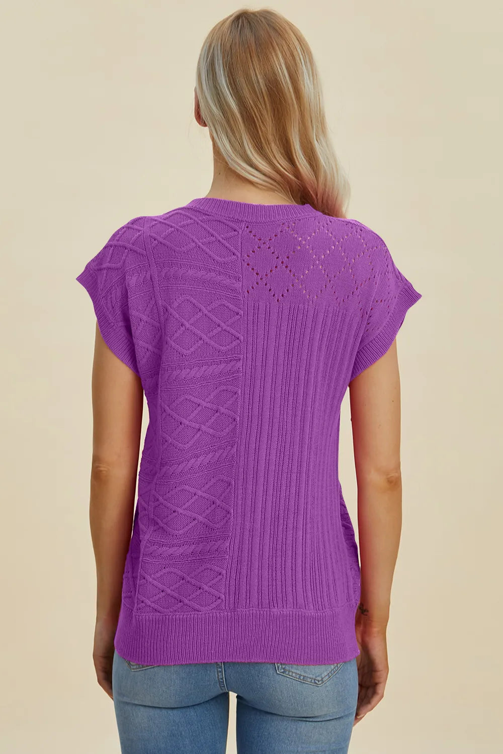 Double Take Full Size Cable-Knit Round Neck Cap Sleeve Sweater - kinko