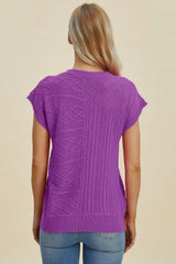 Double Take Full Size Cable-Knit Round Neck Cap Sleeve Sweater - kinko