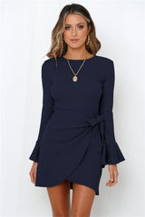 Women's Long Sleeve Dress Ruffle Flared Sleeve Bowknot Waffle Temperament Short Dresses - kinko