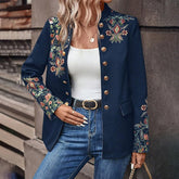 Women's Stand Collar Solid Color Floral Print Blazer Fashion Double-Breasted Fall & Winter Jacket - kinko