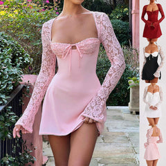 Y2K Lace Long Sleeve Dress Fashion Sexy Corset Backless Lace Up Short Dresses Womens Clothing - kinko