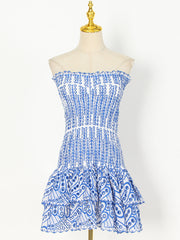 Y2K Tube Top Pleated Dress Ins Fashion Print A-line Short Dresses For Beach Party Clothing Women - kinko