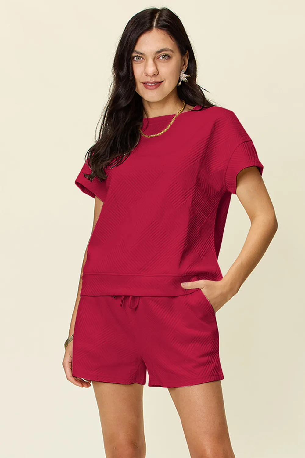 Double Take Full Size Texture Short Sleeve T-Shirt and Drawstring Shorts Set - kinko