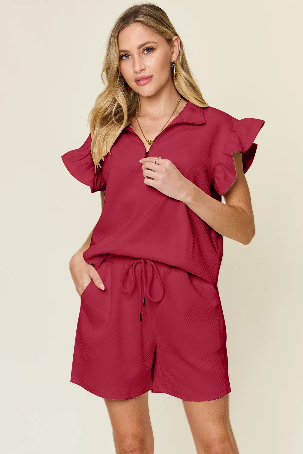 Double Take Full Size Texture Flounce Sleeve Top and Drawstring Shorts Set - kinko