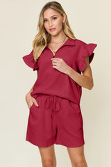 Double Take Full Size Texture Flounce Sleeve Top and Drawstring Shorts Set - kinko