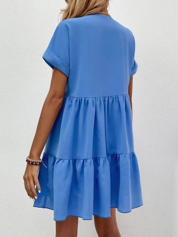 New Short-sleeved V-neck Dress Summer Casual Sweet Ruffled Dresses Solid Color Holiday Beach Dress For Womens Clothing - kinko