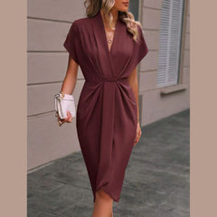 Summer Batwing Sleeve Dress Fashion V-neck Short Sleeve Pleated Dresses Womens Clothing - kinko