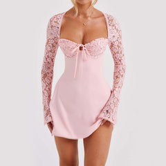 Y2K Lace Long Sleeve Dress Fashion Sexy Corset Backless Lace Up Short Dresses Womens Clothing - kinko