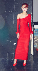 Three-dimensional Flower Slanted Shoulder Long Sleeved Dress - kinko