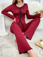 Long Sleeve Trousers Casual Homewear Lace Cardigan Suit - kinko