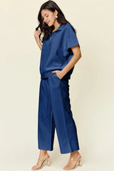 Double Take Full Size Texture Half Zip Short Sleeve Top and Pants Set - kinko