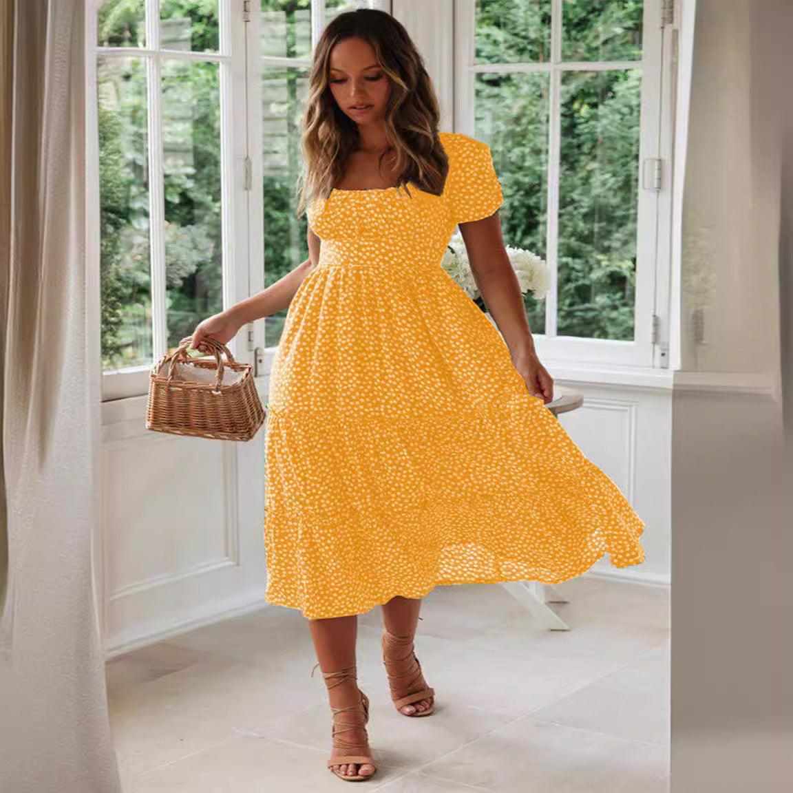 Square Collar Short Sleeve Dress Summer Puff Floral Printed Dress Long Dresses - kinko