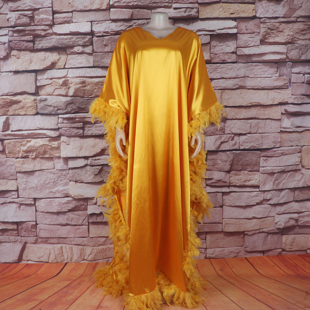 African Women's Loose Dress Luxury Fully Surrounded Light Feather Batwing Sleeve High Slit Robe - kinko