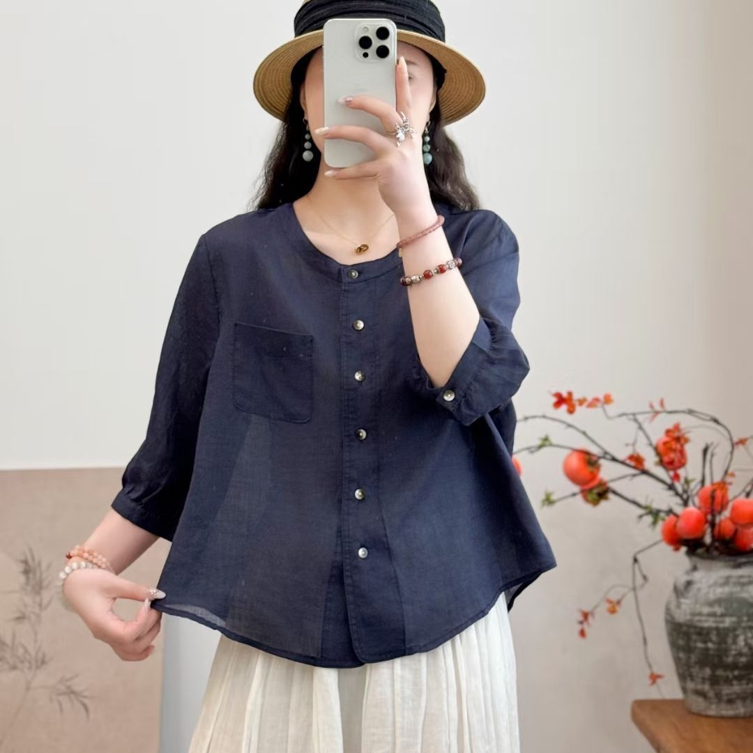 All-matching Western Style Cotton And Linen Short Sleeve Shirt - kinko