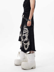 Cropped Make Old Ripped Patch Middle Pants - kinko