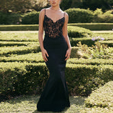 Lace High Waist Long Dress Deep V Strap Fishtail Gown - kinko