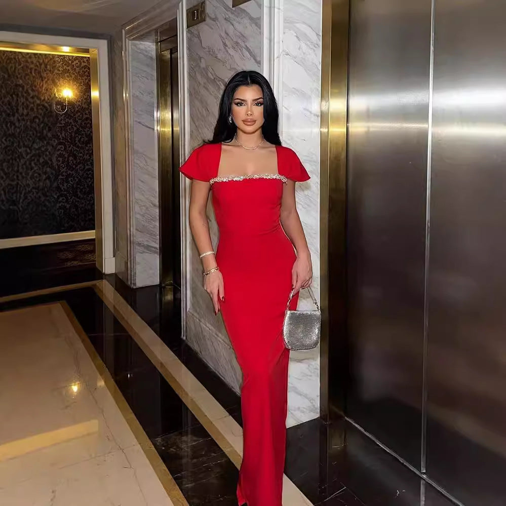 Solid Color Diamond Evening Dress - kinko
