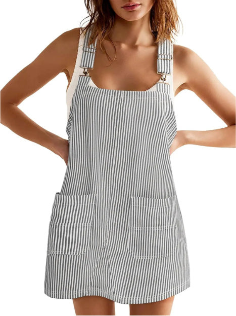 Striped Pocket Strap Adjustable Casual Dress - kinko