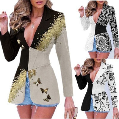 Women's Printed Contrast Color Lapels Blazer - kinko